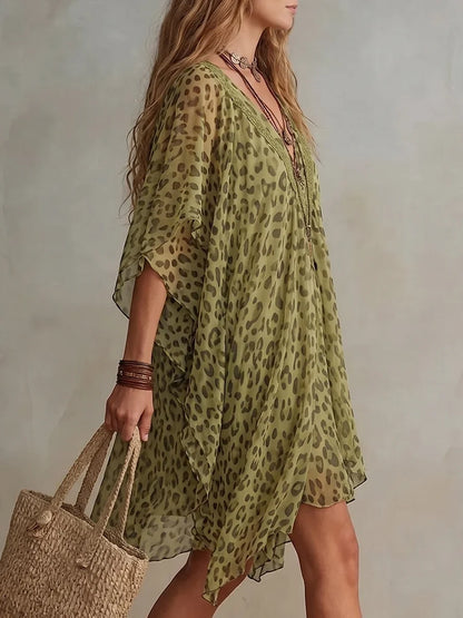 Bianca — Chiffon Kaftan Dress with Leopard Print