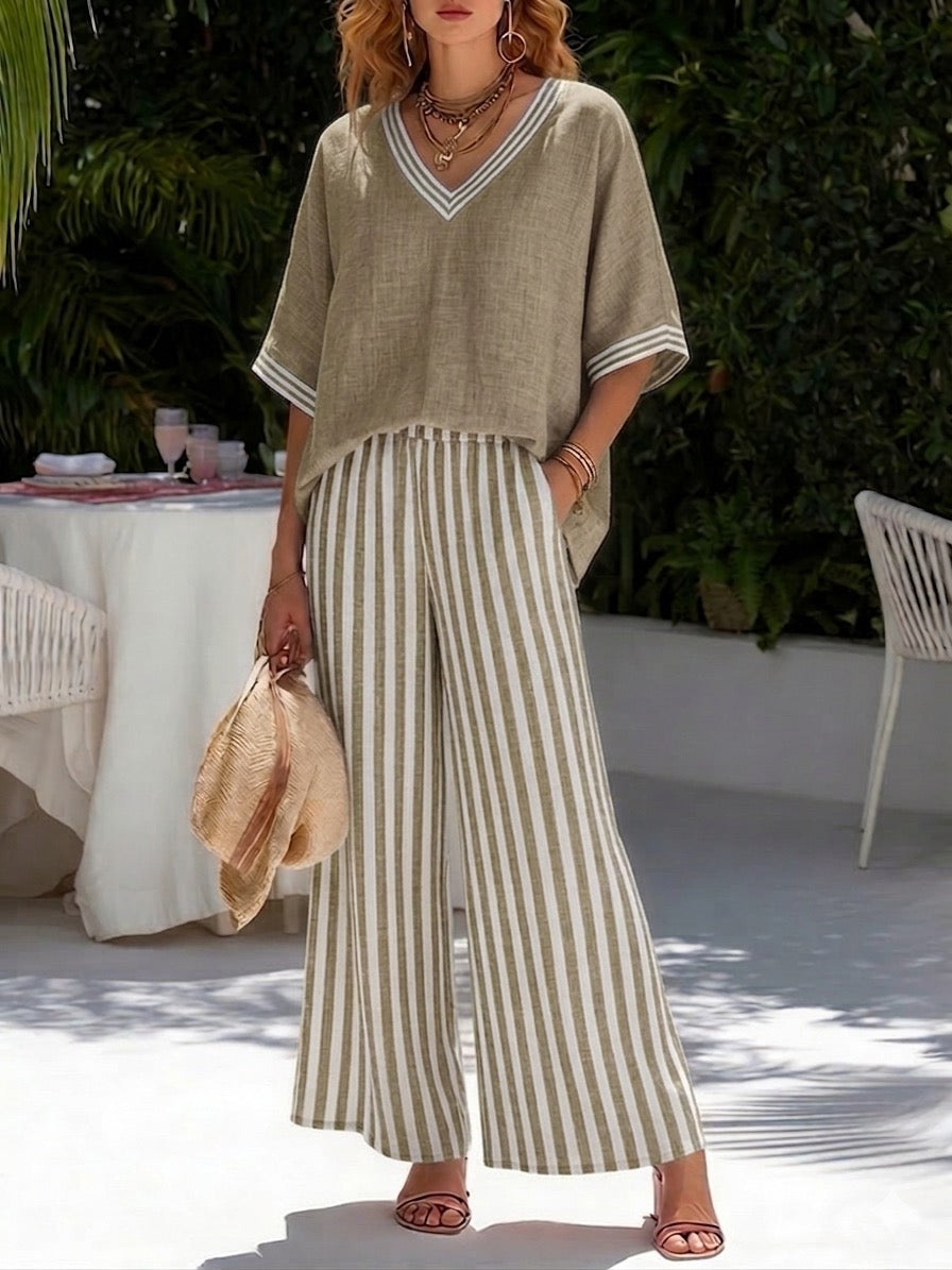 Terrie — Striped Linen-Cotton Two-Piece Top & Trouser Set