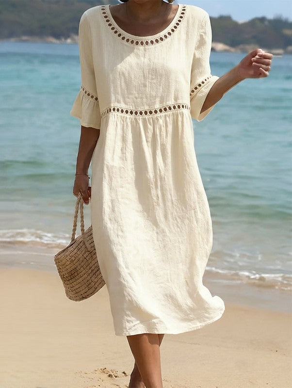Linéa — Lace-Trim Cotton Linen Midi Dress