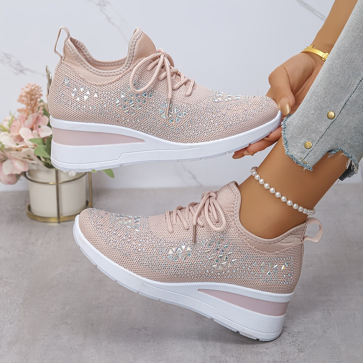 Women's casual, fashionable, breathable, sneakers adorned with crystals