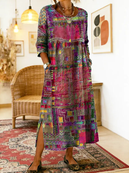 Folklén — Cotton Ethnic Print Lace-Trim Maxi Dress