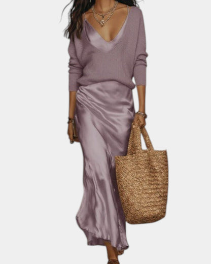 Bérénice – Flowy Satin-Finish Dress & Blouse Two-Piece Set