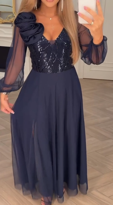 Elegant Lace Sleeve Dress with Sequins and Floral Embellishments
