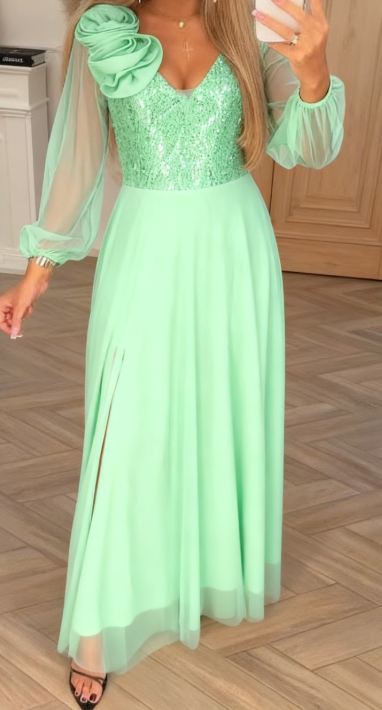 Elegant Lace Sleeve Dress with Sequins and Floral Embellishments