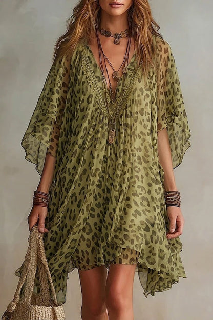Bianca — Chiffon Kaftan Dress with Leopard Print