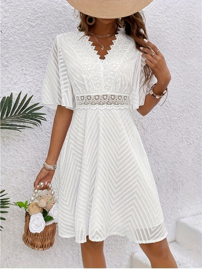 Loraveil — V-Neck Lace Patchwork Cutout Dress