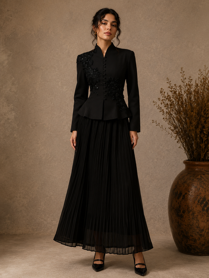 Velvoire — Lace Embroidered Jacket & Pleated Skirt Set