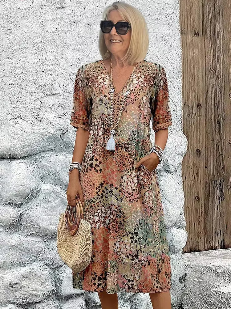 Luna — Vibrant Print V-Neck Flowing Midi Dress