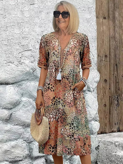 Luna — Vibrant Print V-Neck Flowing Midi Dress