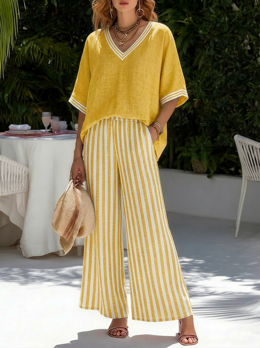Terrie — Striped Linen-Cotton Two-Piece Top & Trouser Set