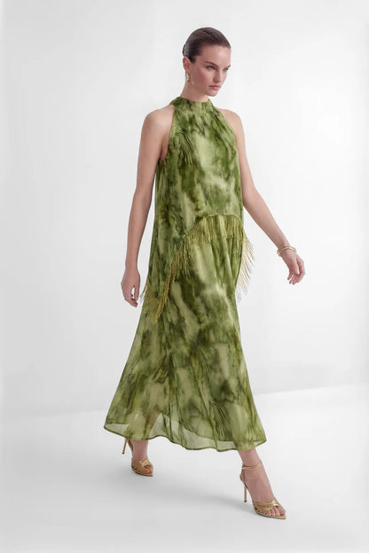 Verdène — Halter Neck Fringe Maxi Dress