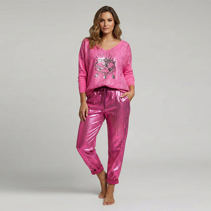 Stylish Set of Top with Gold Foil "Devil's Eye" and Sequin Trousers