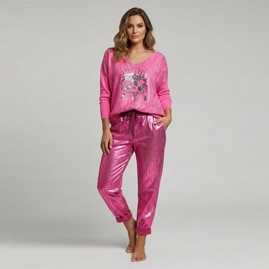 Stylish Set of Top with Gold Foil "Devil's Eye" and Sequin Trousers