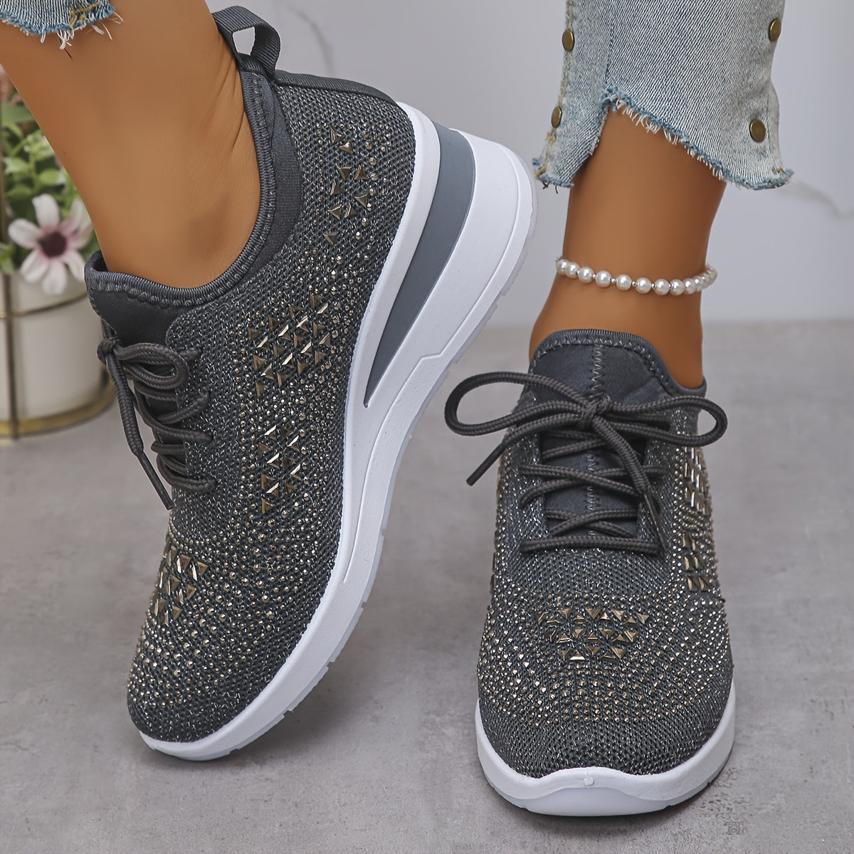 Women's casual, fashionable, breathable, sneakers adorned with crystals