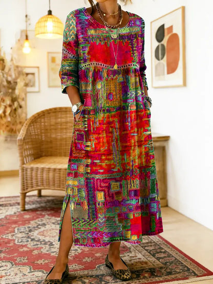 Folklén — Cotton Ethnic Print Lace-Trim Maxi Dress