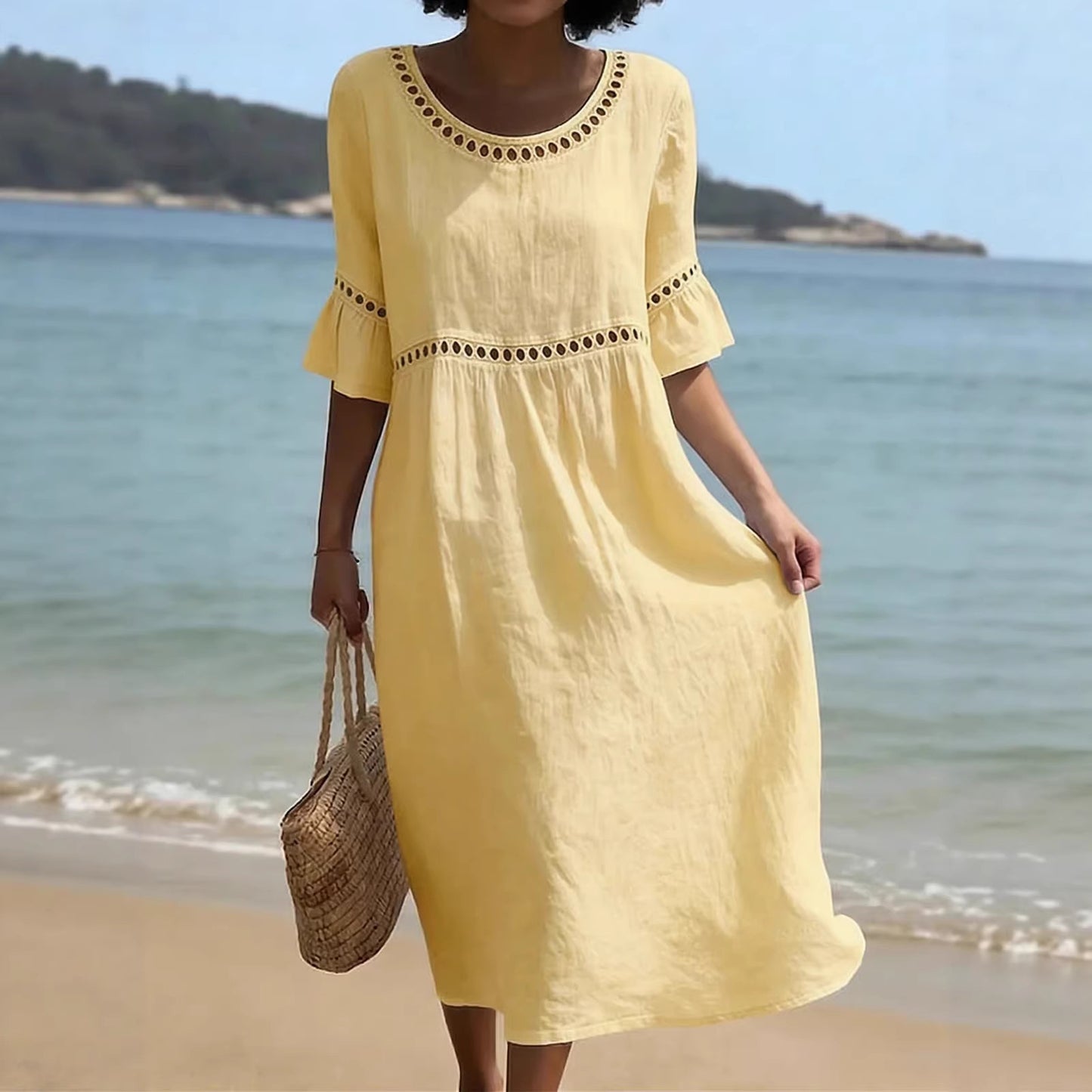 Linéa — Lace-Trim Cotton Linen Midi Dress