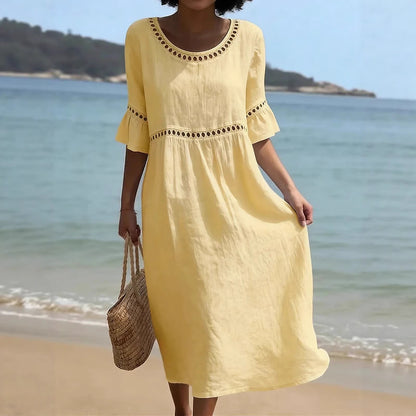 Linéa — Lace-Trim Cotton Linen Midi Dress