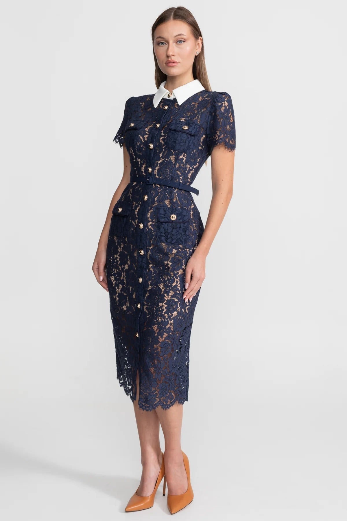 Darivène — Floral Lace Belted Midi Dress in Navy