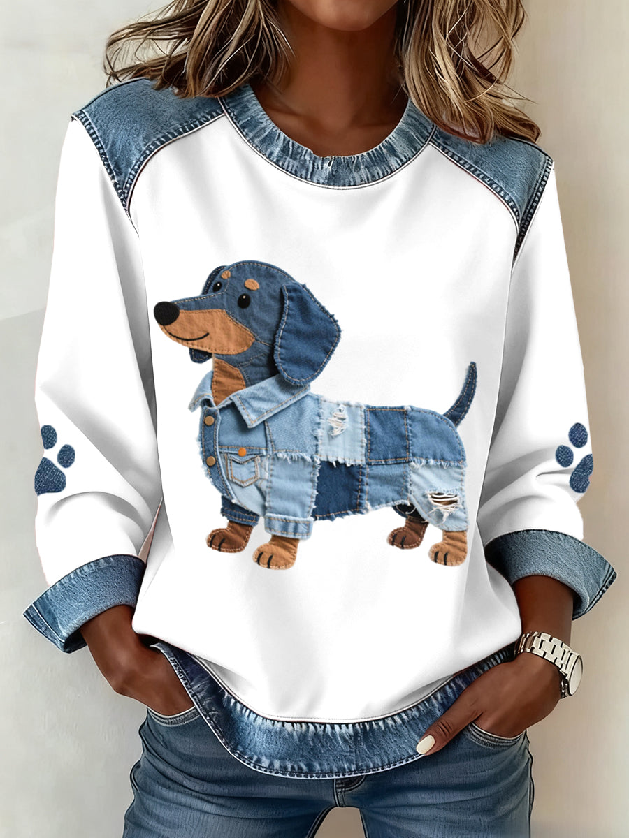 Women's Denim Sweatshirt - Stylish Dog Print and Patchwork