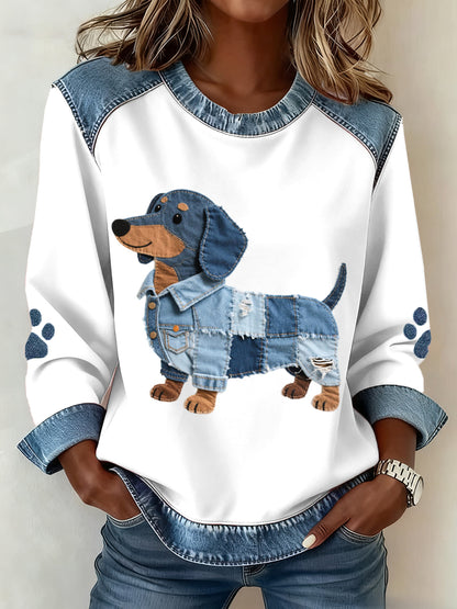 Women's Denim Sweatshirt - Stylish Dog Print and Patchwork