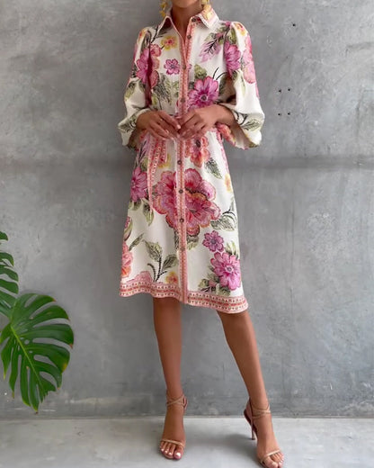 Fleurette — Printed Lantern-Sleeve Split-Collar Dress