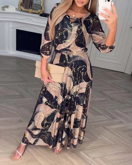Aurélie — Elegant Printed Dress with Cinched Waist