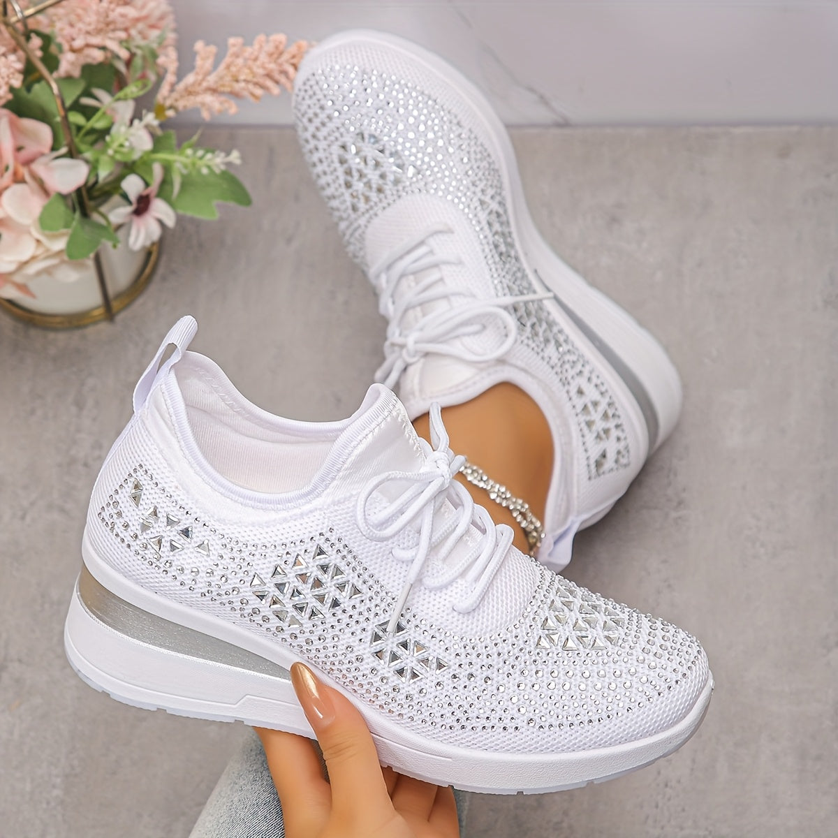 Women's casual, fashionable, breathable, sneakers adorned with crystals