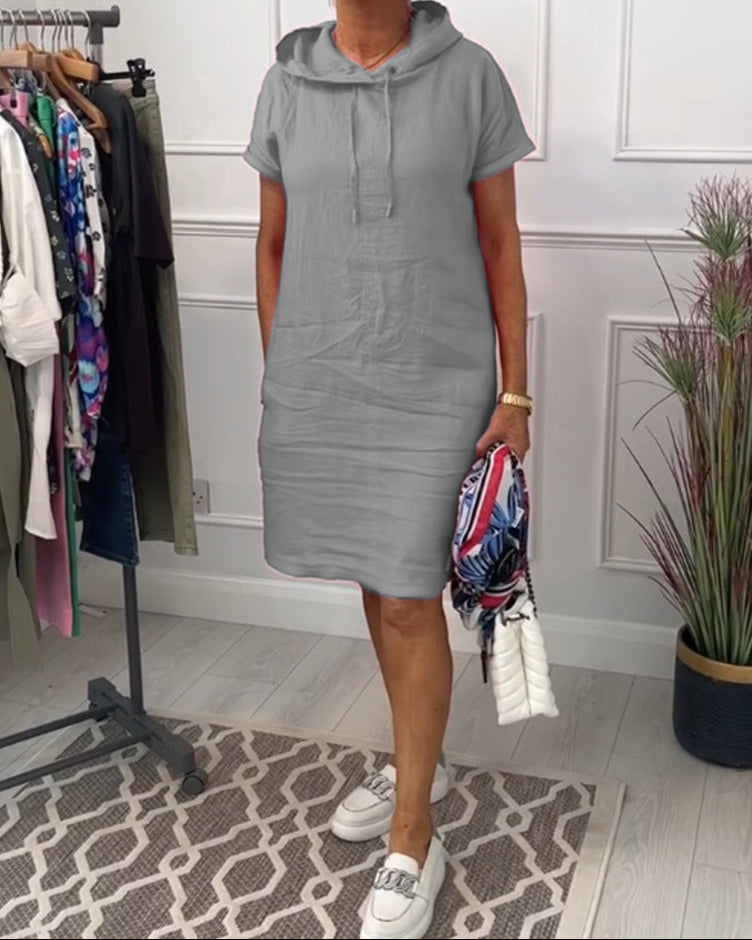 Aurève - Hooded Short-Sleeve Casual Dress