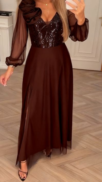 Elegant Lace Sleeve Dress with Sequins and Floral Embellishments
