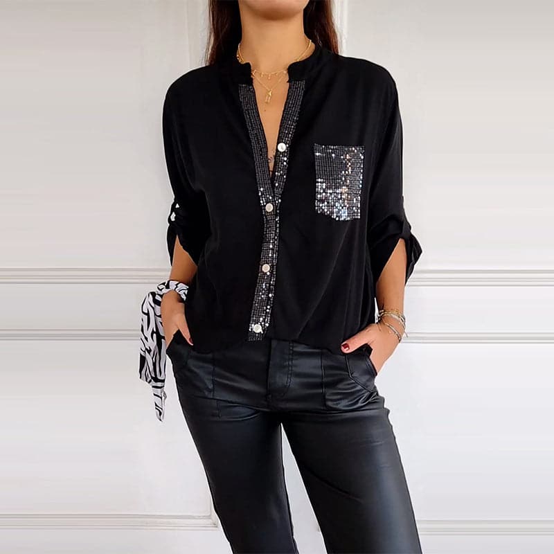 Mironé — Sequin Patchwork Button-Down Top