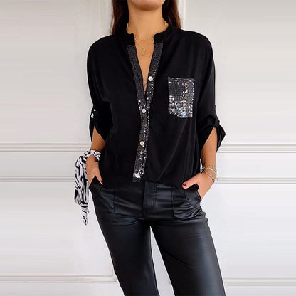 Mironé — Sequin Patchwork Button-Down Top