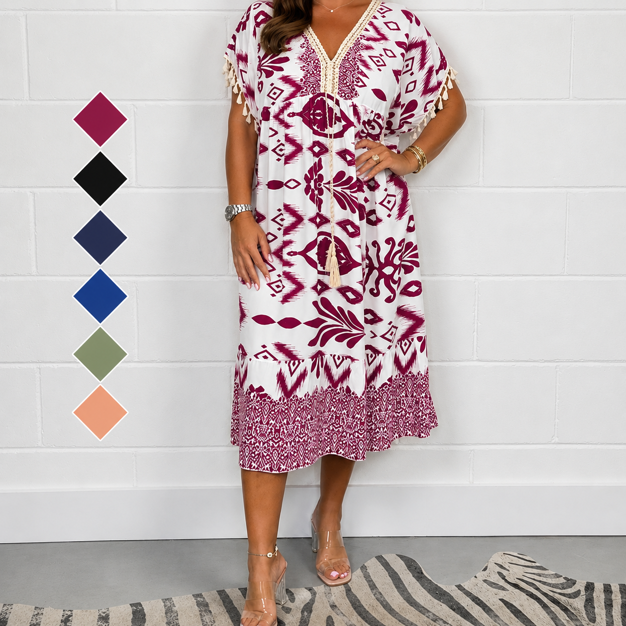Marisole — Fringe-Trim V-Neck Printed Casual Dress