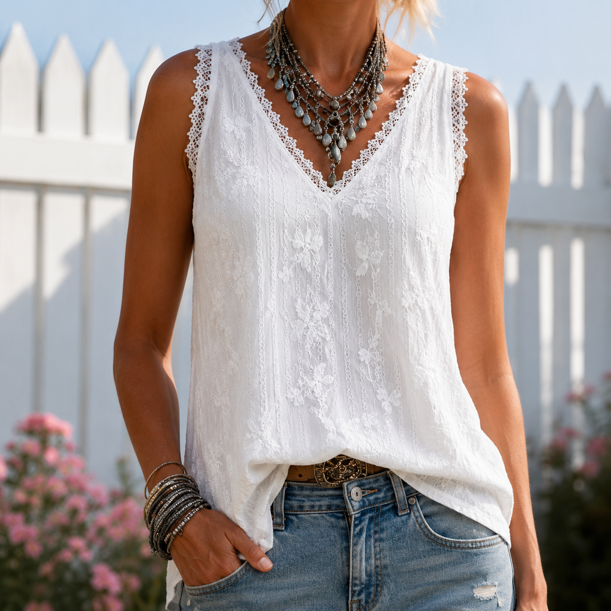 Marguerite — Lace-Trim V-Neck Daisy-Embroidered Tank Top