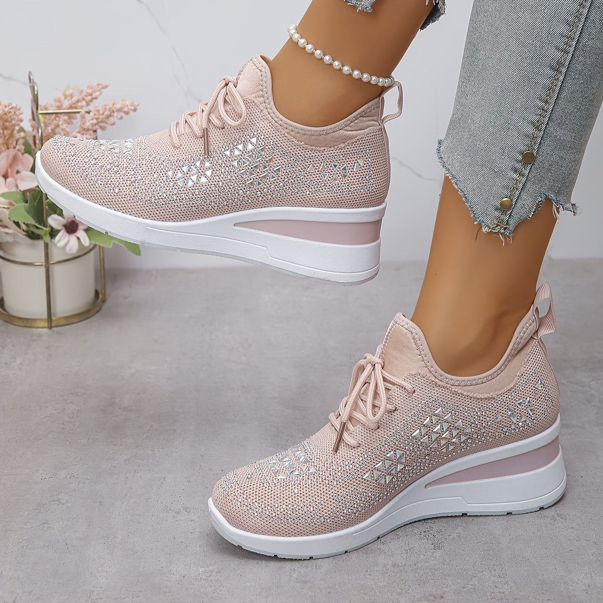Women's casual, fashionable, breathable, sneakers adorned with crystals