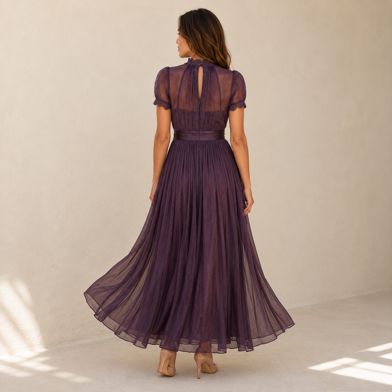 Velance — Lace-Neck Chiffon Maxi Dress
