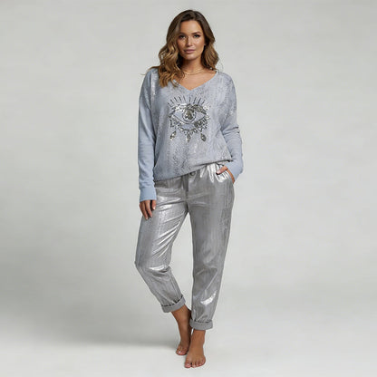 Stylish Set of Top with Gold Foil "Devil's Eye" and Sequin Trousers