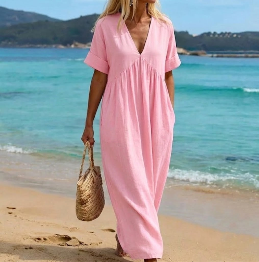 Viviana — V-Neck Linen-Cotton Maxi Dress