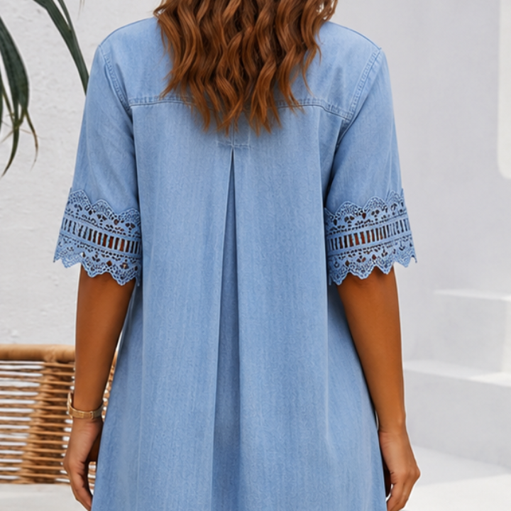 Denimé — Lace-Sleeve Denim Mini Dress
