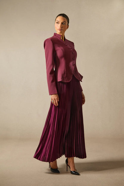 Christine - Embroidered Blazer & Pleated Satin Skirt Set