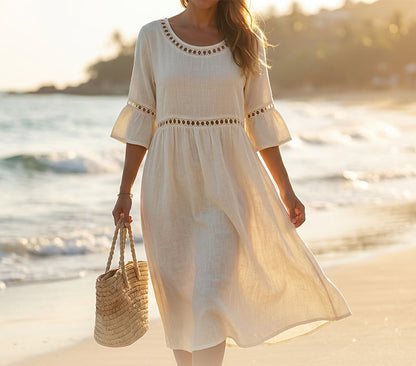 Linéa — Lace-Trim Cotton Linen Midi Dress