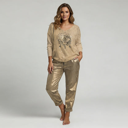 Stylish Set of Top with Gold Foil "Devil's Eye" and Sequin Trousers