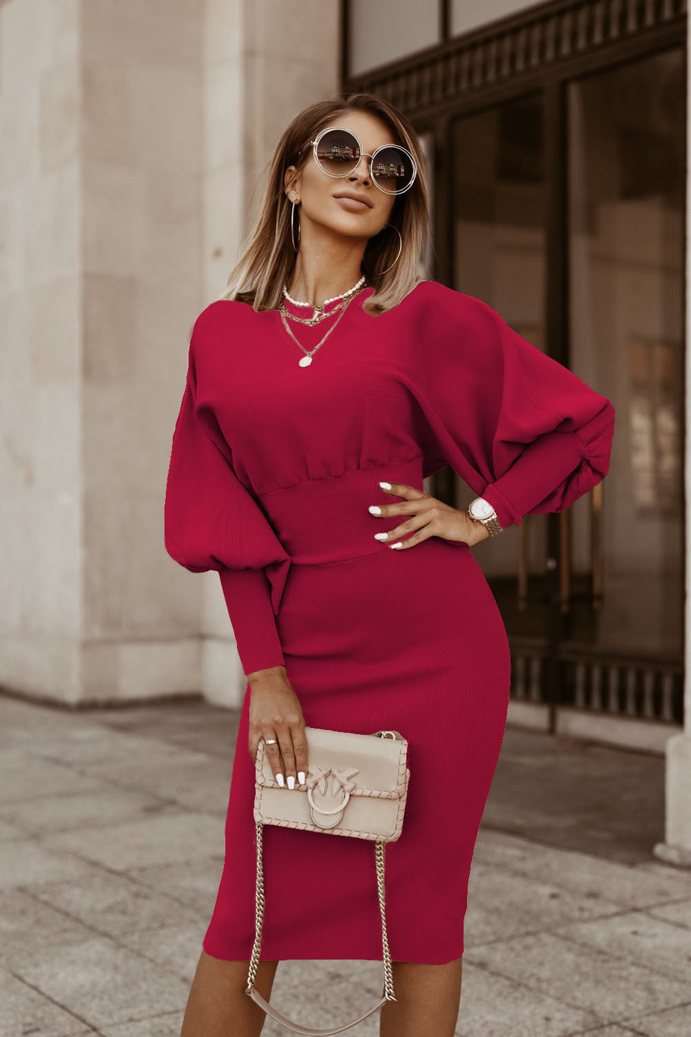 Vellamora — Long-Sleeve Marked-Waist Casual Dress