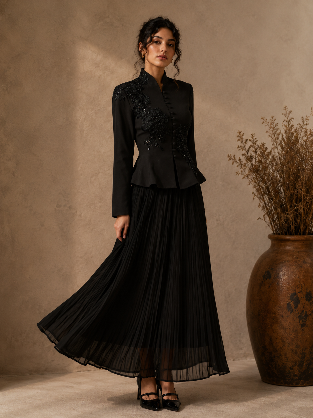 Velvoire — Lace Embroidered Jacket & Pleated Skirt Set