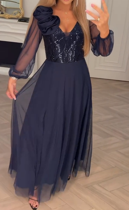 Elegant Lace Sleeve Dress with Sequins and Floral Embellishments