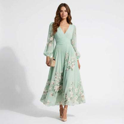 Florveil — Floral Pleated V-Neck Long Sleeve Maxi Dress
