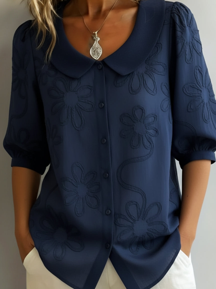 Florennzie — Embroidered Floral Stand-Collar Blouse