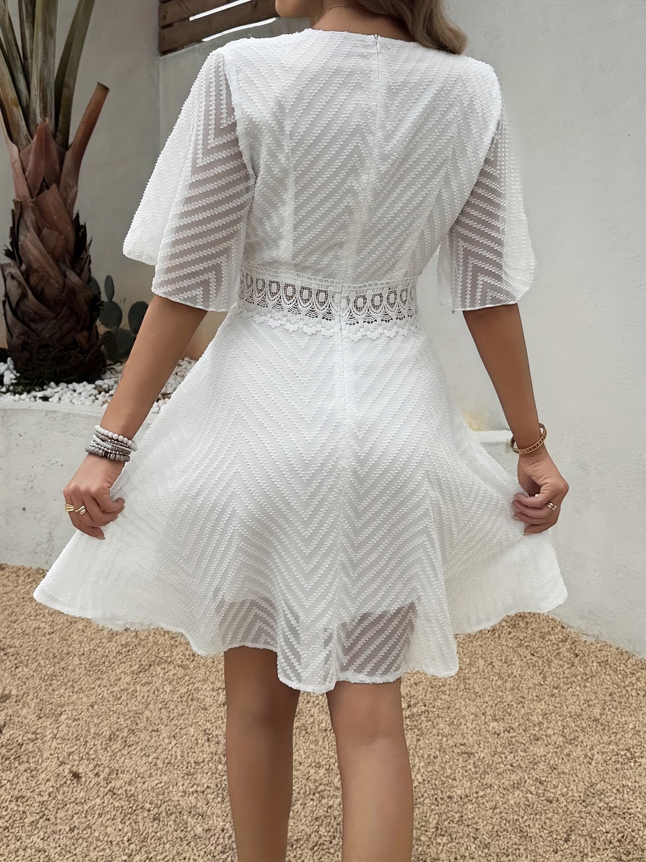 Loraveil — V-Neck Lace Patchwork Cutout Dress