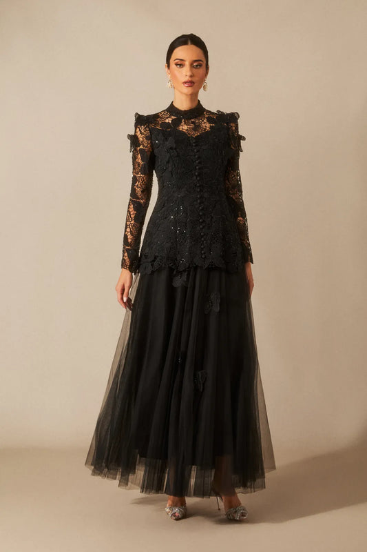 Elizabeth  - Butterfly Embroidered Lace Formal Maxi Dress