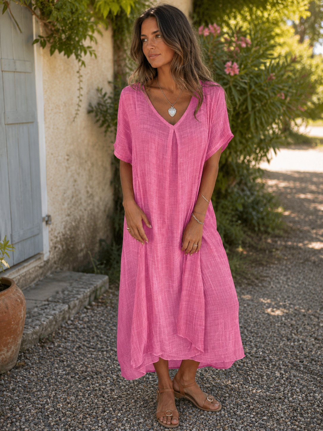 Sharmaine — V-Neck Cotton-Linen Loose-Fit Dress