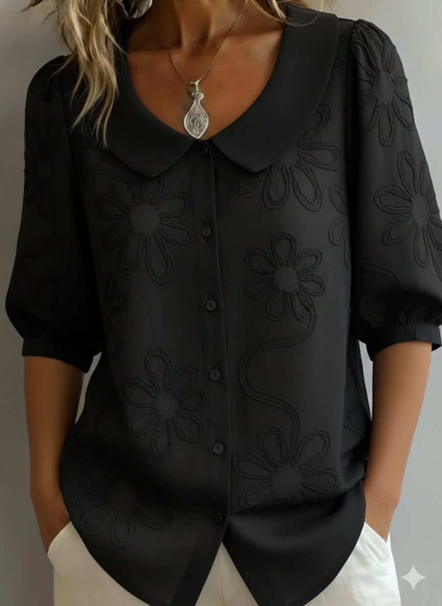 Florennzie — Embroidered Floral Stand-Collar Blouse